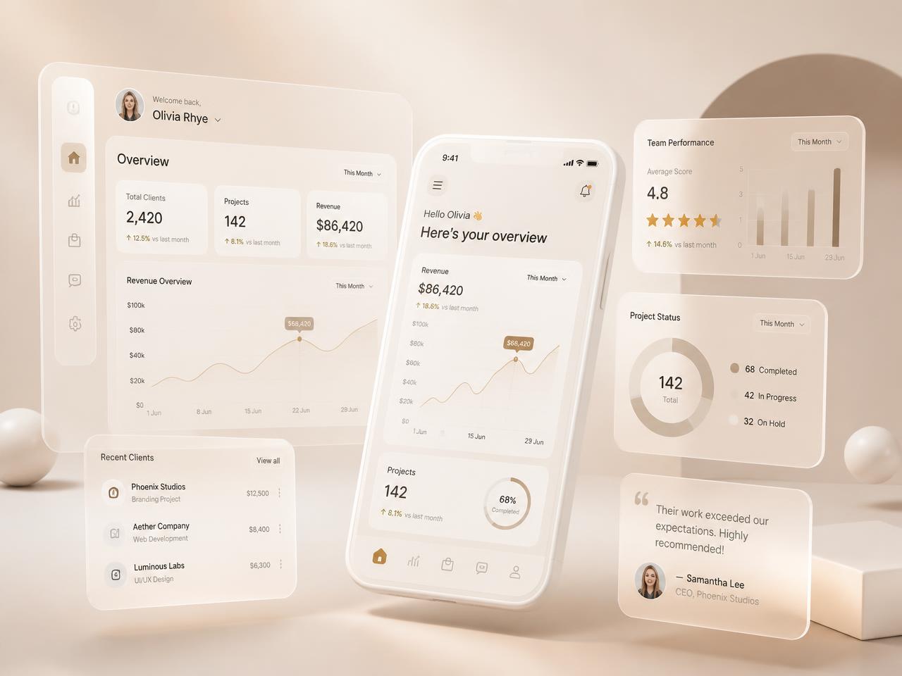 Zenvee dashboard, storefront and mobile app interface mockups